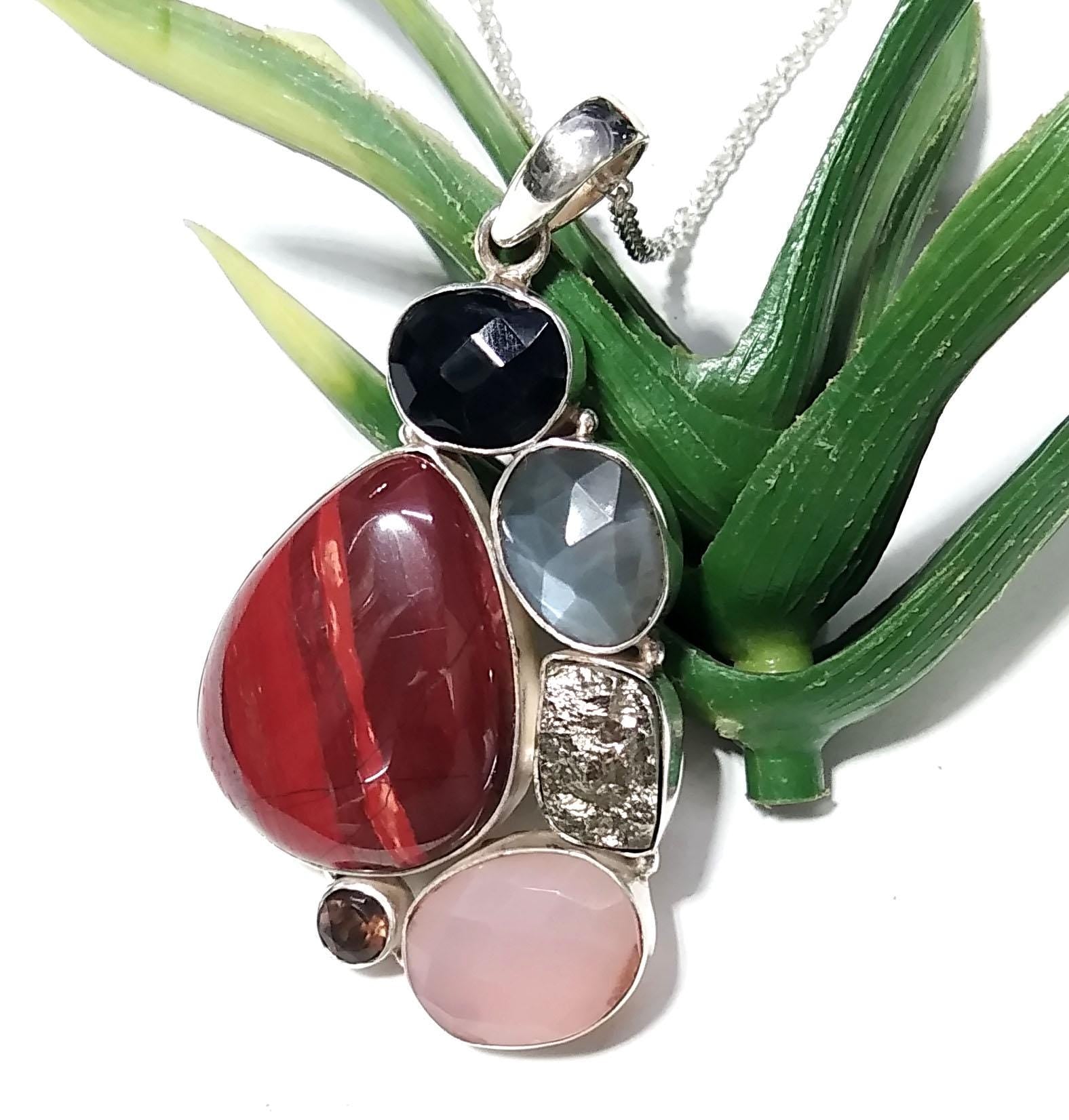 ALL Natural Gemstone Pendant, Red Jasper With Real Multi Stone Pendant, 925 Starling Silver Jewelry Pendant, Handmade Chain Necklace Pendant